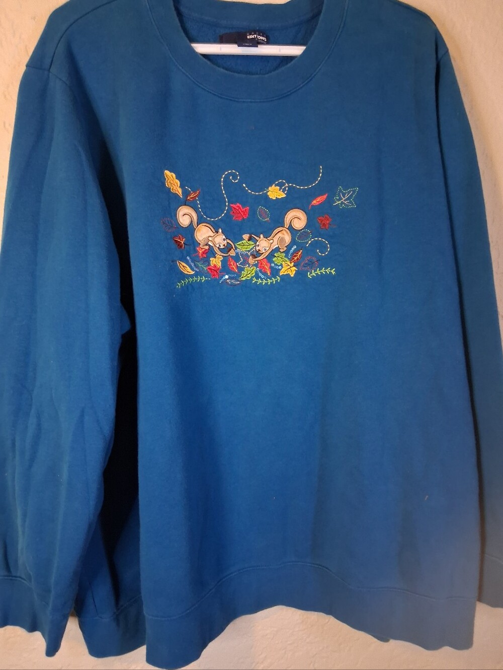 Basic Editions Teal Crewneck Sweater with Embroidered Fall Squirrels SZ 3X